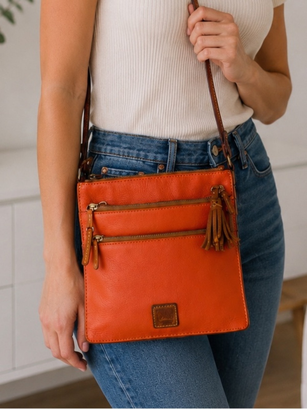 Dooney & Bourke Orange Leather Crossbody Bag Multi Zip Tassel